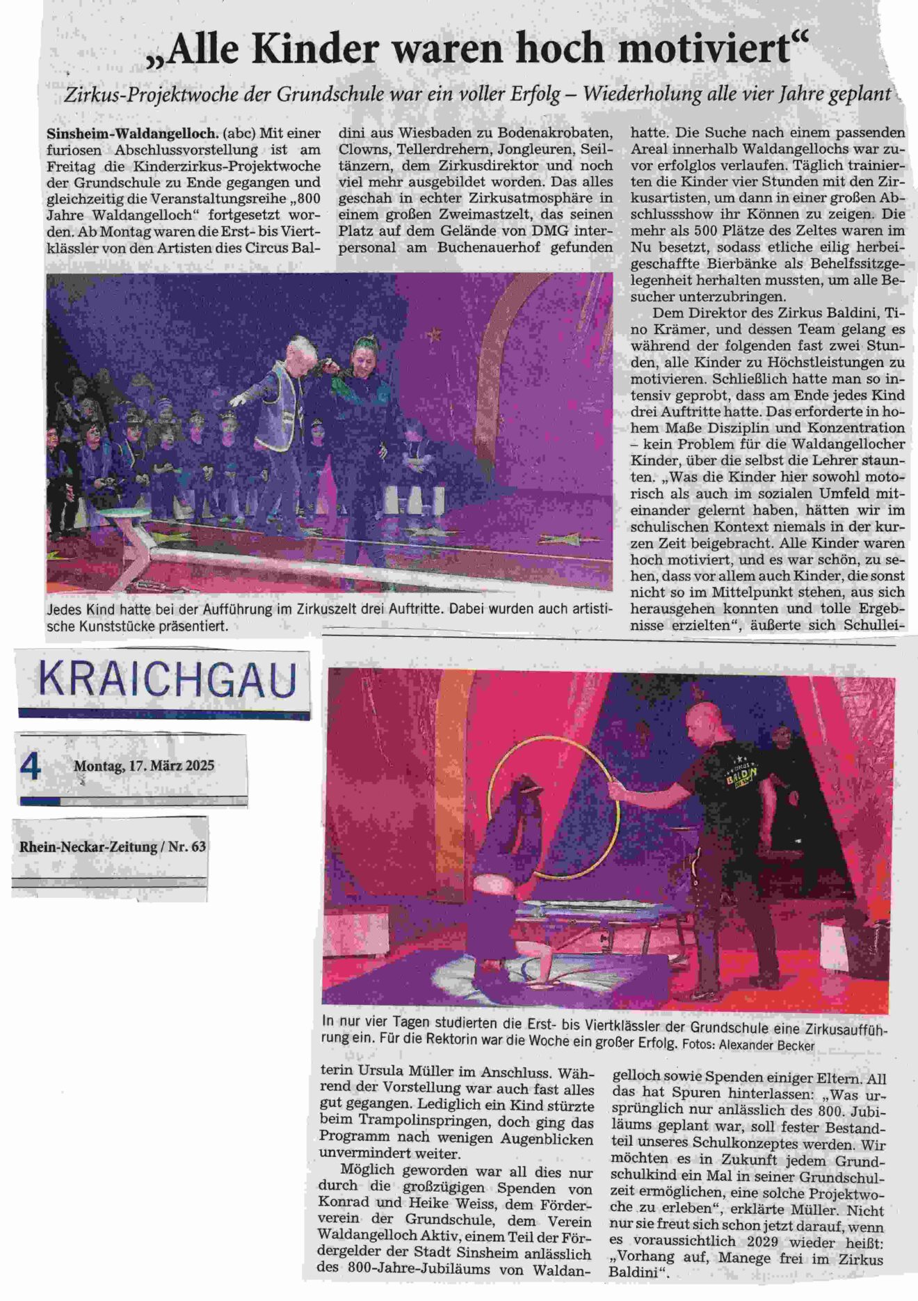RNZ Kinderzirkus Projektwoche der Grundschule Waldangelloch